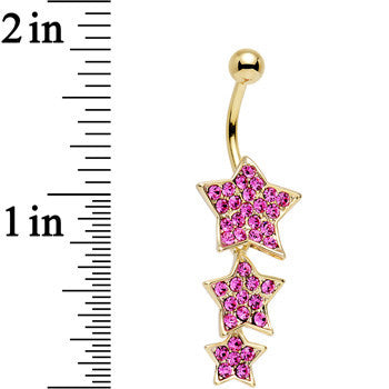 Pink Gem Gold Plated Steel Triple Star Dangle Belly Ring