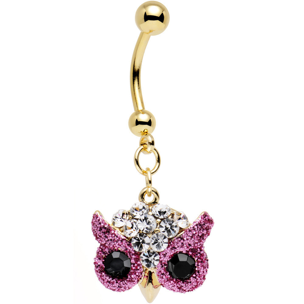 Clear Pink and Black Gem Gold Plated Beady Eye Owl Dangle Belly Ring