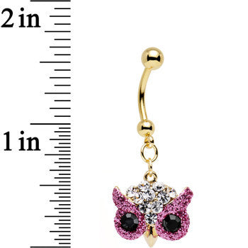 Clear Pink and Black Gem Gold Plated Beady Eye Owl Dangle Belly Ring