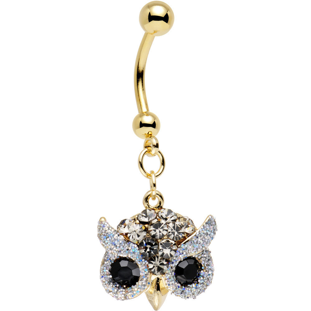 Clear Aurora and Black Gem Gold Plated Beady Eye Owl Dangle Belly Ring