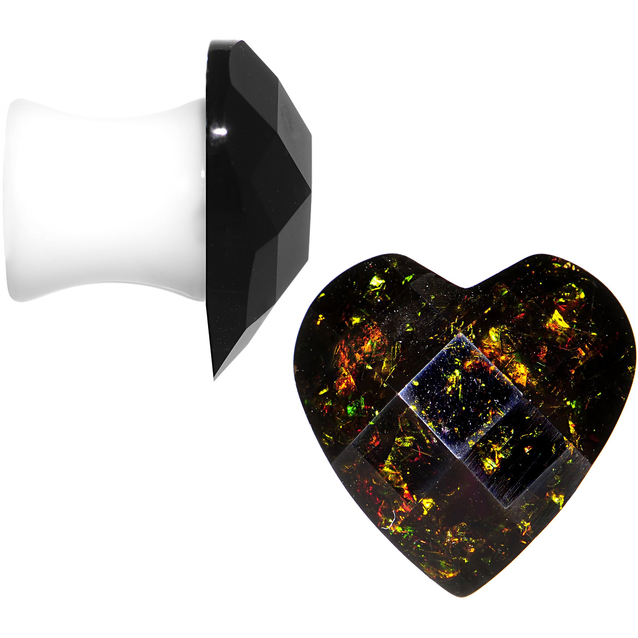 0 Gauge White Acrylic Black Valentine Love Heart Saddle Plug Set