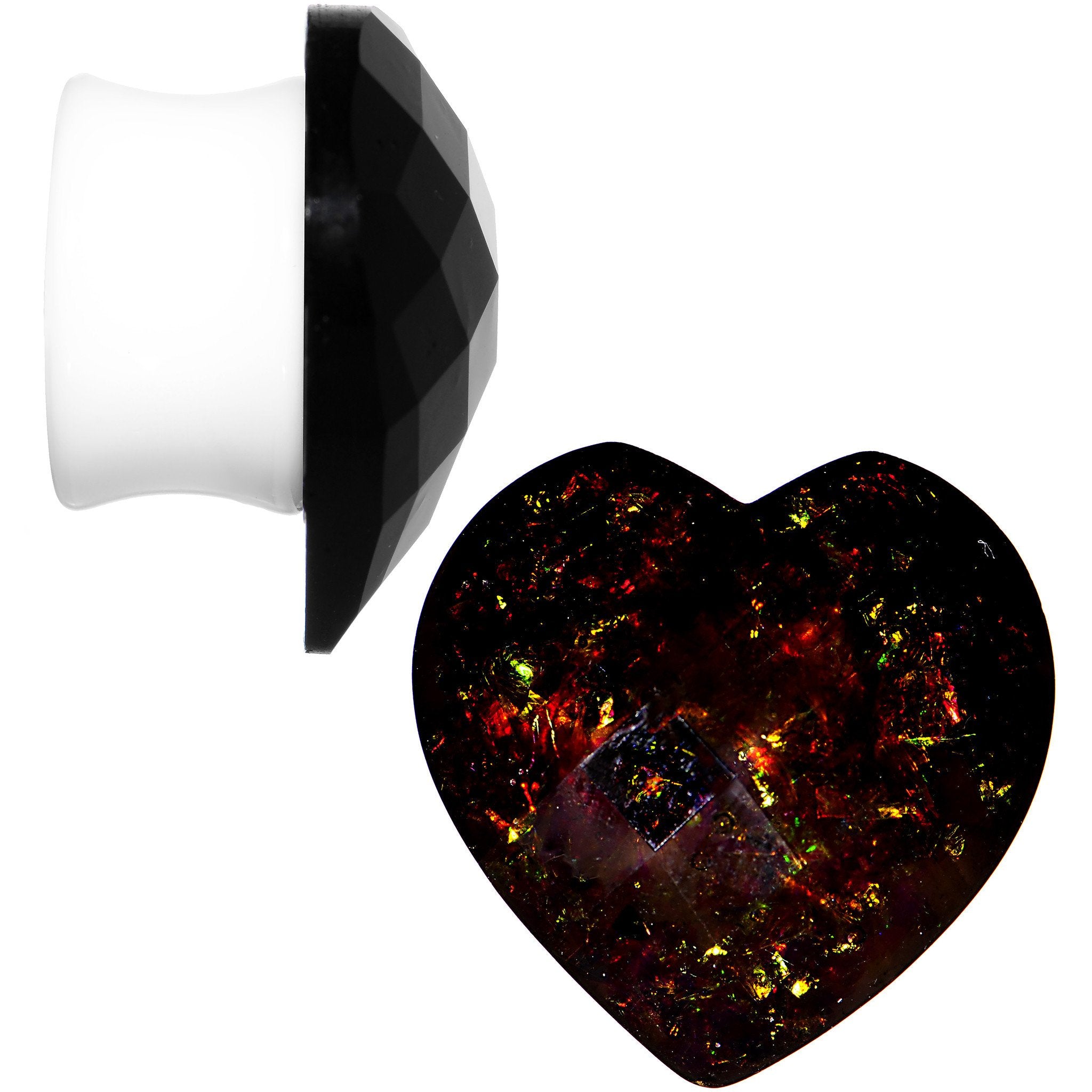 White Acrylic Black Faceted Valentine Love Heart Saddle Plug Set 12mm to 26mm