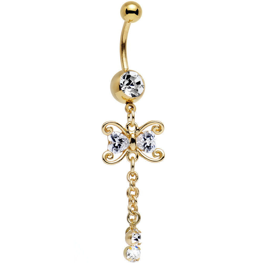 Clear CZ Gem Gold Anodized Dragonfly Inspired Dangle Belly Ring