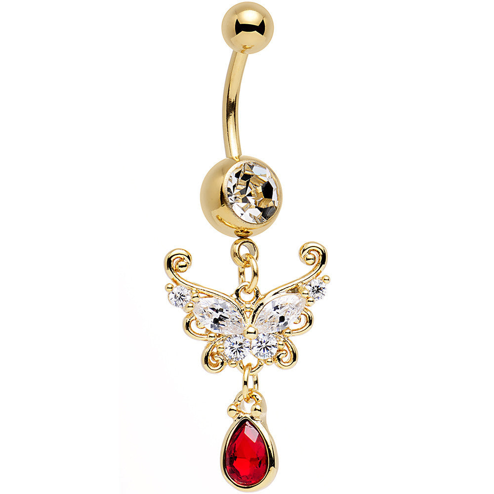 Clear CZ Red Gem Drop Gold Anodized Ornate Butterfly Dangle Belly Ring