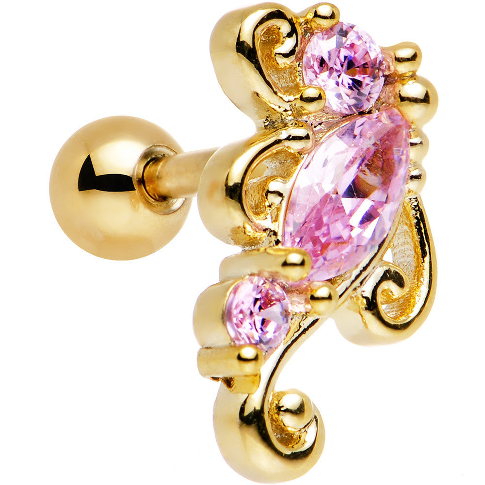 16G 1/4 Pink CZ Gold Anodized Swirl Left Cartilage Earring