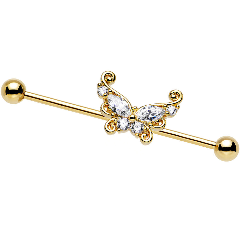 14 Gauge Clear CZ Gold Anodized Butterfly Industrial Barbell 36mm