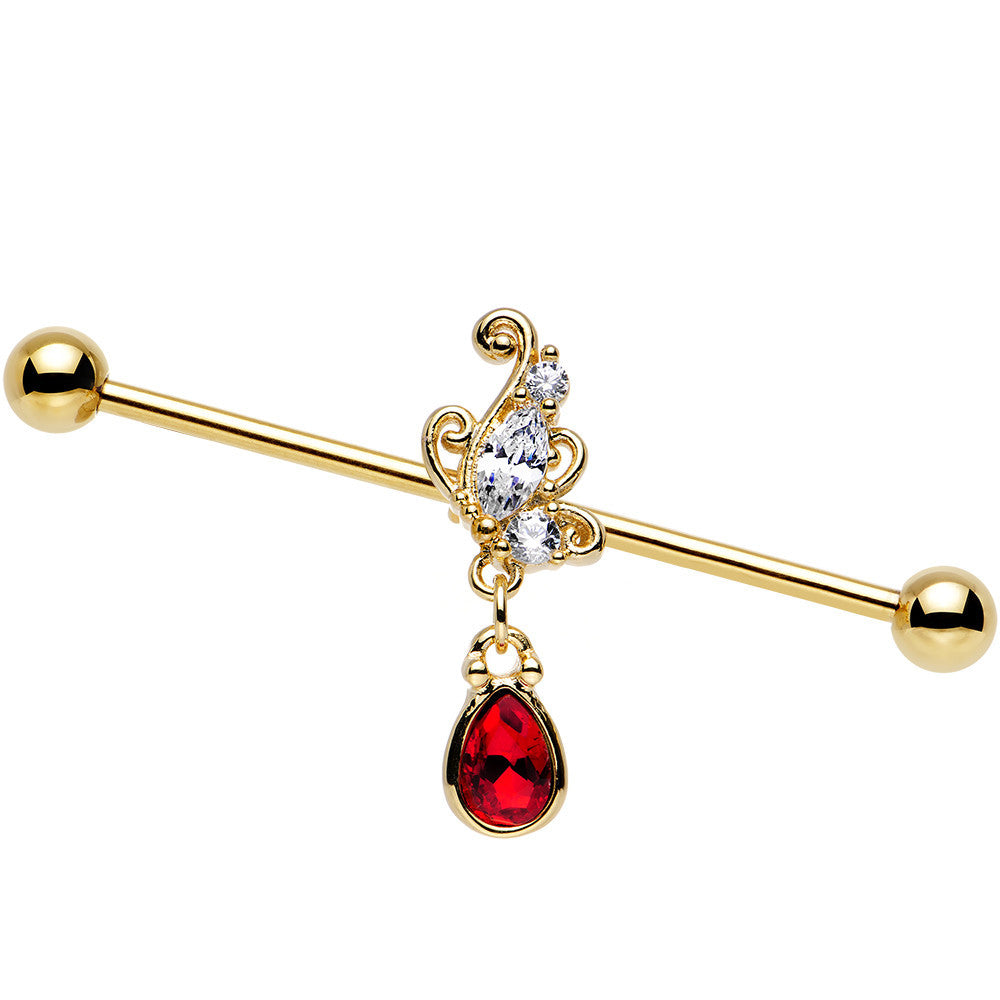 14G Clear CZ Red Gem Gold Anodized Dangle Industrial Barbell 38mm