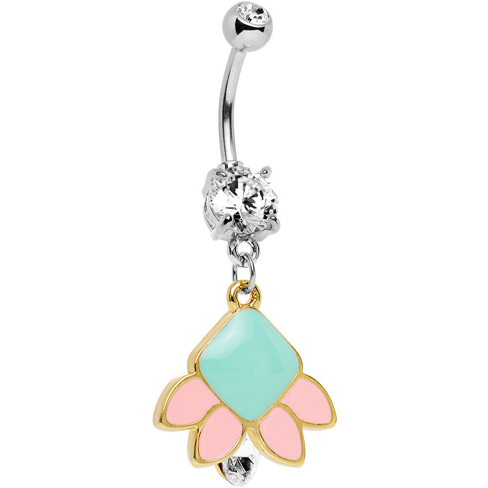 Clear Gem Pink Blue Shapes Belly Ring Created with Crystals