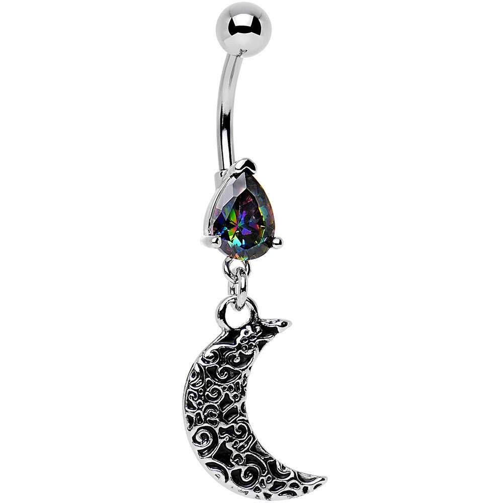 Black Gem Half Moon Dangle Belly Ring Created with Crystals