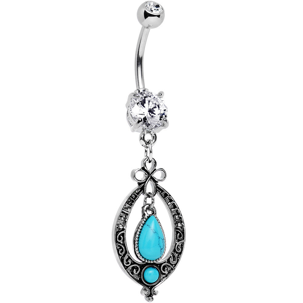 Clear Gem Synthetic Turquoise Detailed Teardrop  Dangle Belly Ring