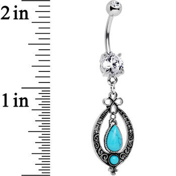 Clear Gem Synthetic Turquoise Detailed Teardrop  Dangle Belly Ring