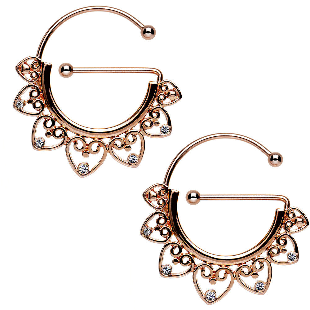 Clear Gem Rose Gold PVD Filigree Heart Universal Nipple Ring Set