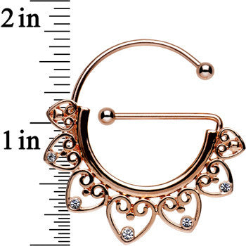 Clear Gem Rose Gold PVD Filigree Heart Universal Nipple Ring Set