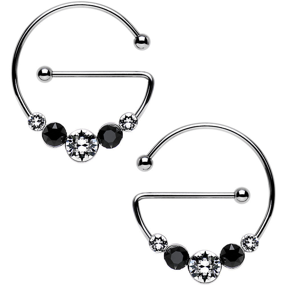 Black and Clear Universal Nipple Ring Set Created with Crystals