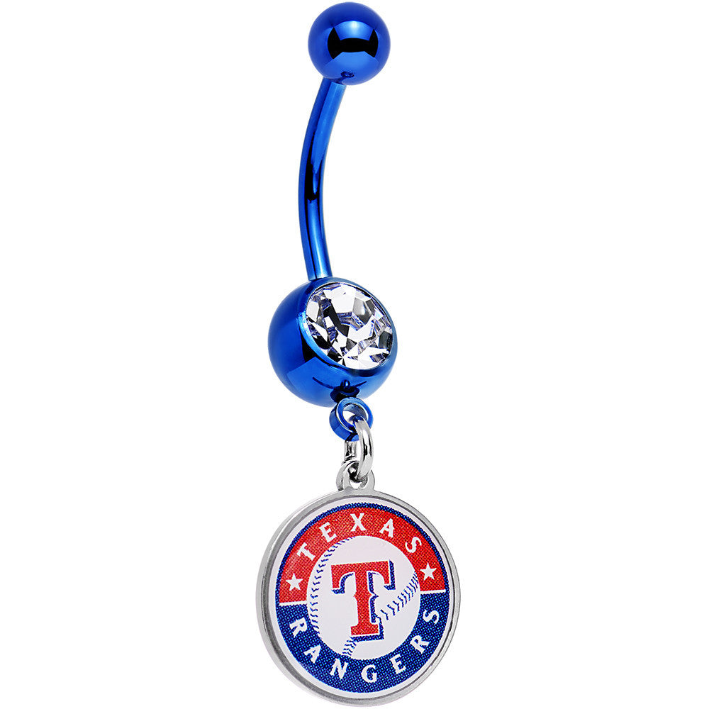 Licensed MLB Clear Gem Blue Anodized Texas Rangers Dangle Belly Ring