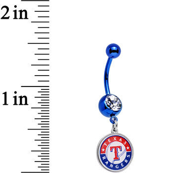 Licensed MLB Clear Gem Blue Anodized Texas Rangers Dangle Belly Ring