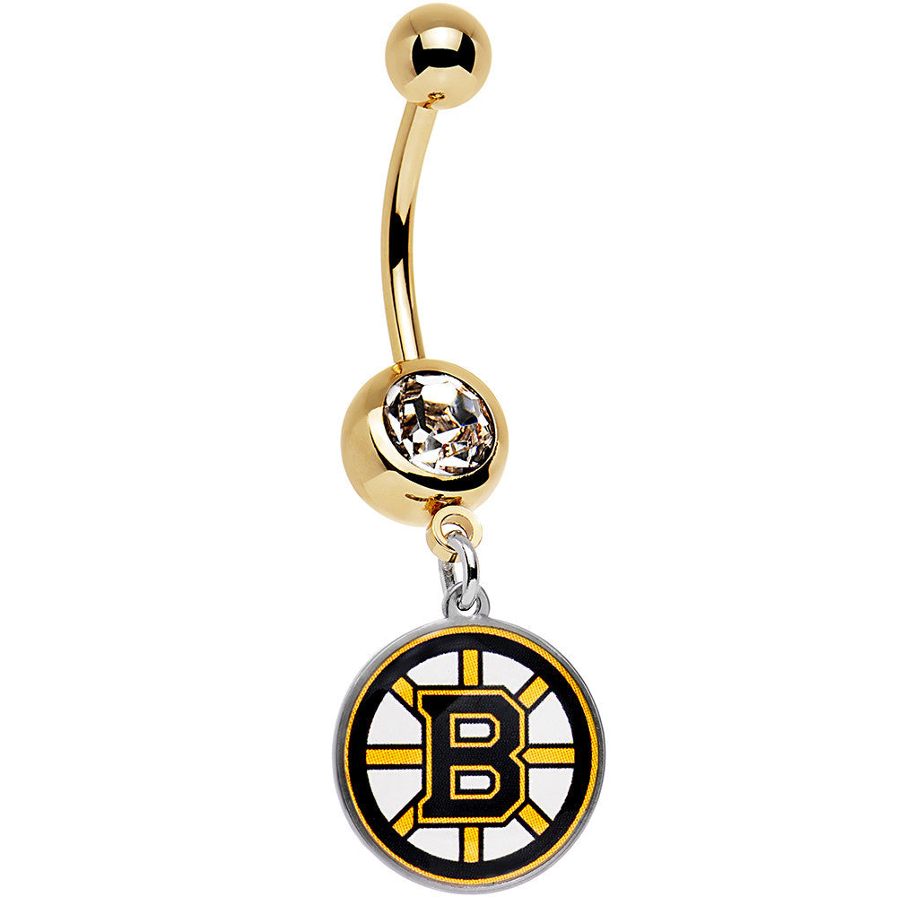 Licensed NHL Clear Gem Gold Anodized Boston Bruins Dangle Belly Ring