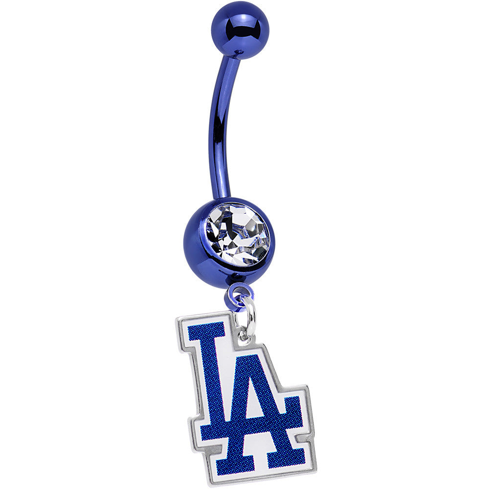 Licensed MLB Clear Gem Blue Anodized LA Dodgers Dangle Belly Ring