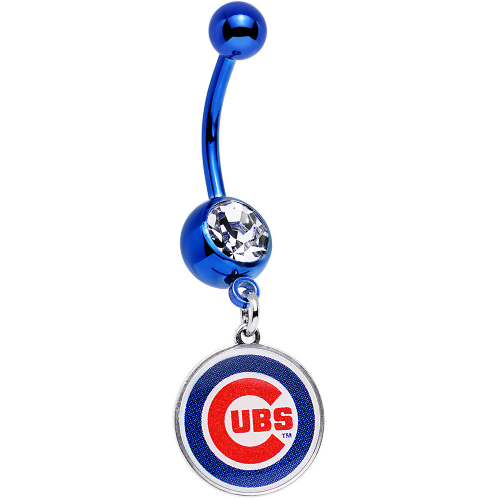 Licensed MLB Clear Gem Blue Anodized Chicago Cubs Dangle Belly Ring