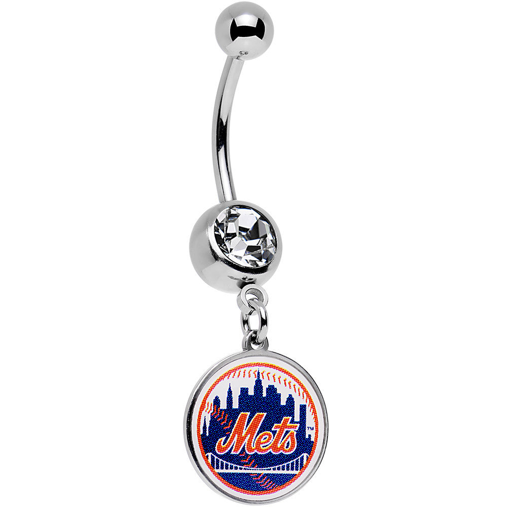Licensed MLB Clear Gem Stainless Steel New York Mets Dangle Belly Ring
