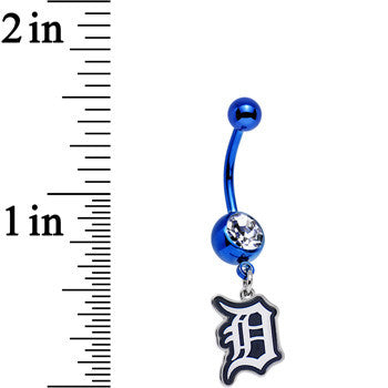Licensed MLB Clear Gem Blue Anodized Detroit Tigers Dangle Belly Ring