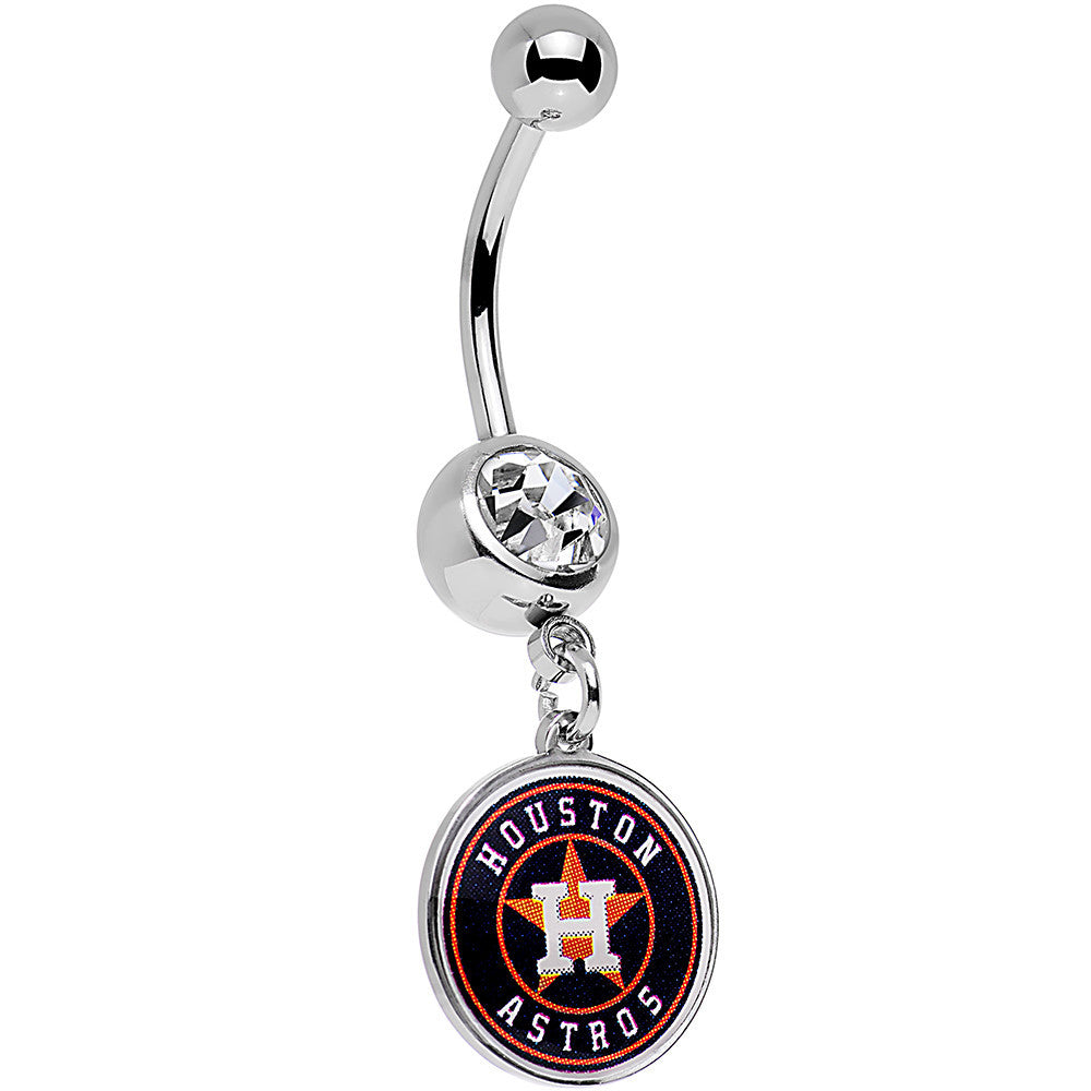 Licensed MLB Clear Gem Steel Houston Astros Dangle Belly Ring