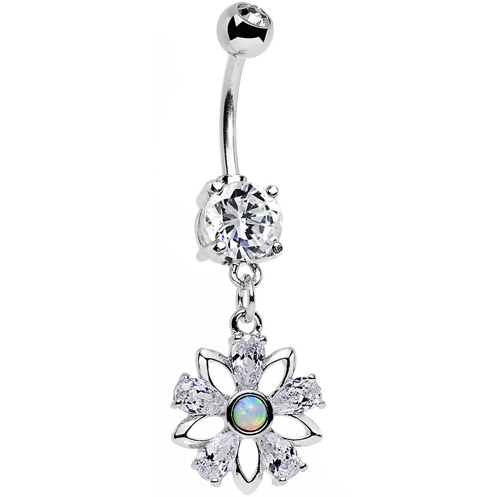 Clear CZ Gem Synthetic Opal Snowflower Dangle Belly Ring