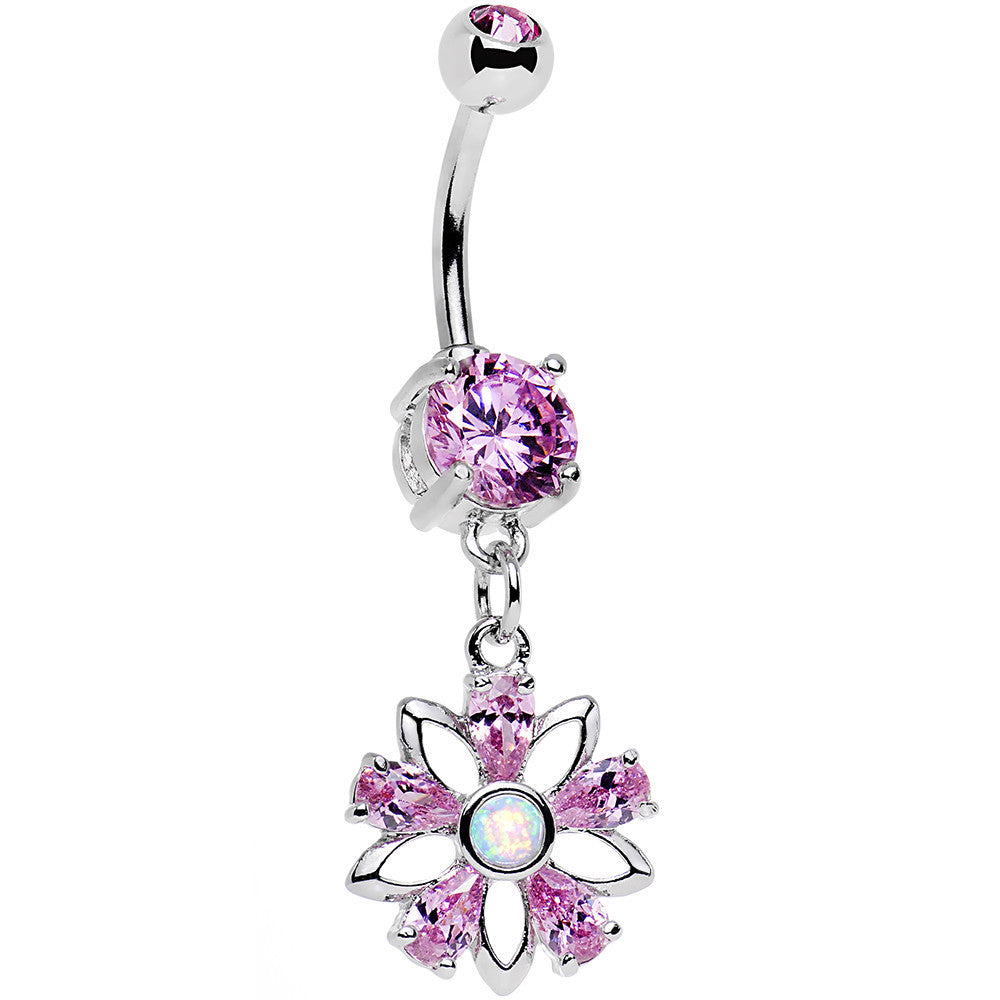 Pink CZ Gem Synthetic Opal Snowflower Dangle Belly Ring