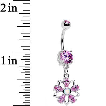Pink CZ Gem Synthetic Opal Snowflower Dangle Belly Ring