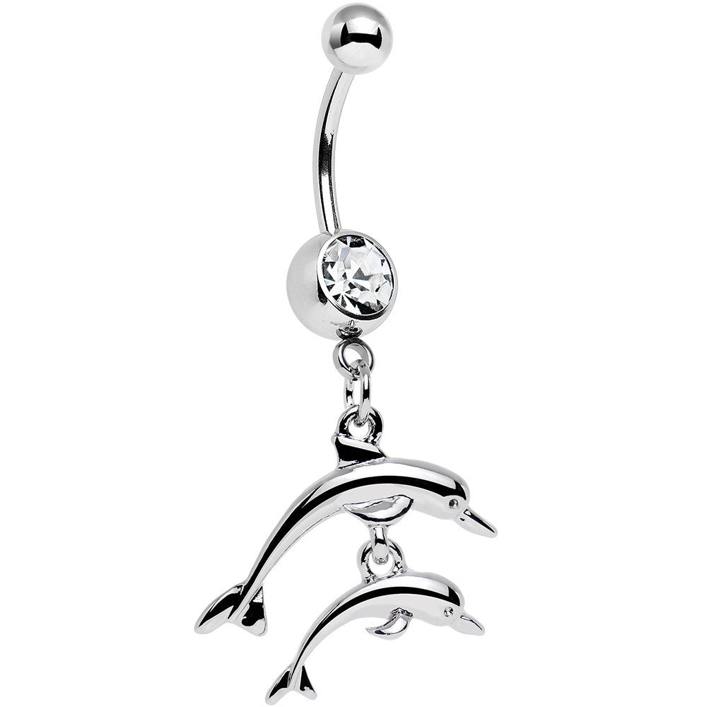 Clear Gem Diving Duo of Dolphins Dangle Belly Ring