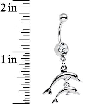 Clear Gem Diving Duo of Dolphins Dangle Belly Ring