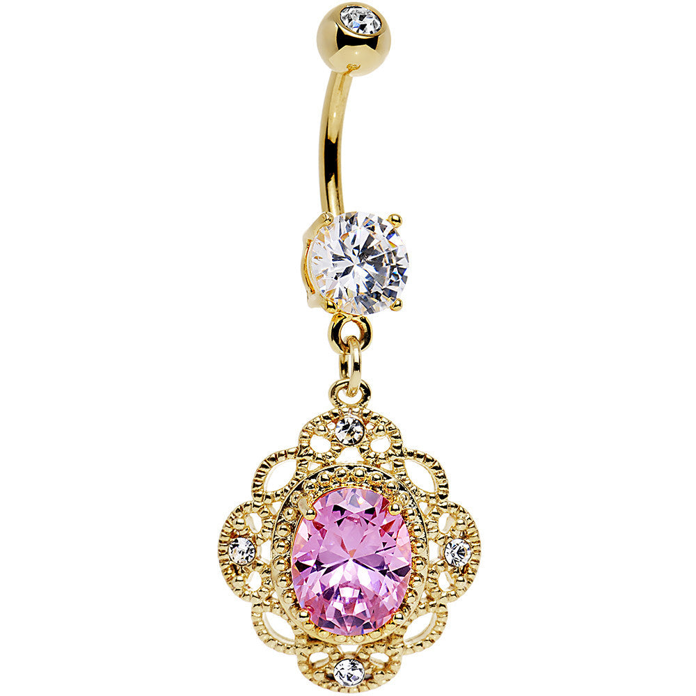 Large Pink CZ Clear Gold Plated Ornate Framework Dangle Belly Ring