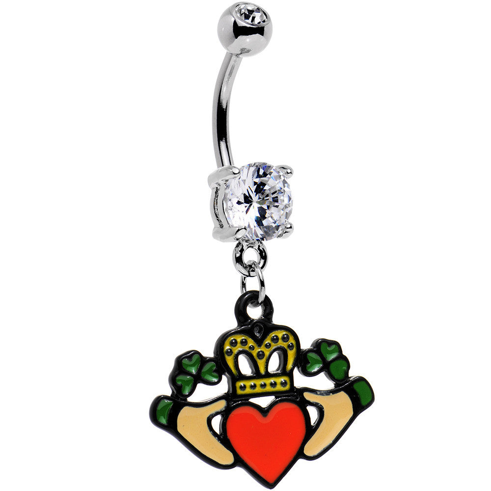 Clear Gem Irish Claddagh Belly Ring Created With Crystals Clear Gem Irish Claddagh Belly Ring Created With Crystals