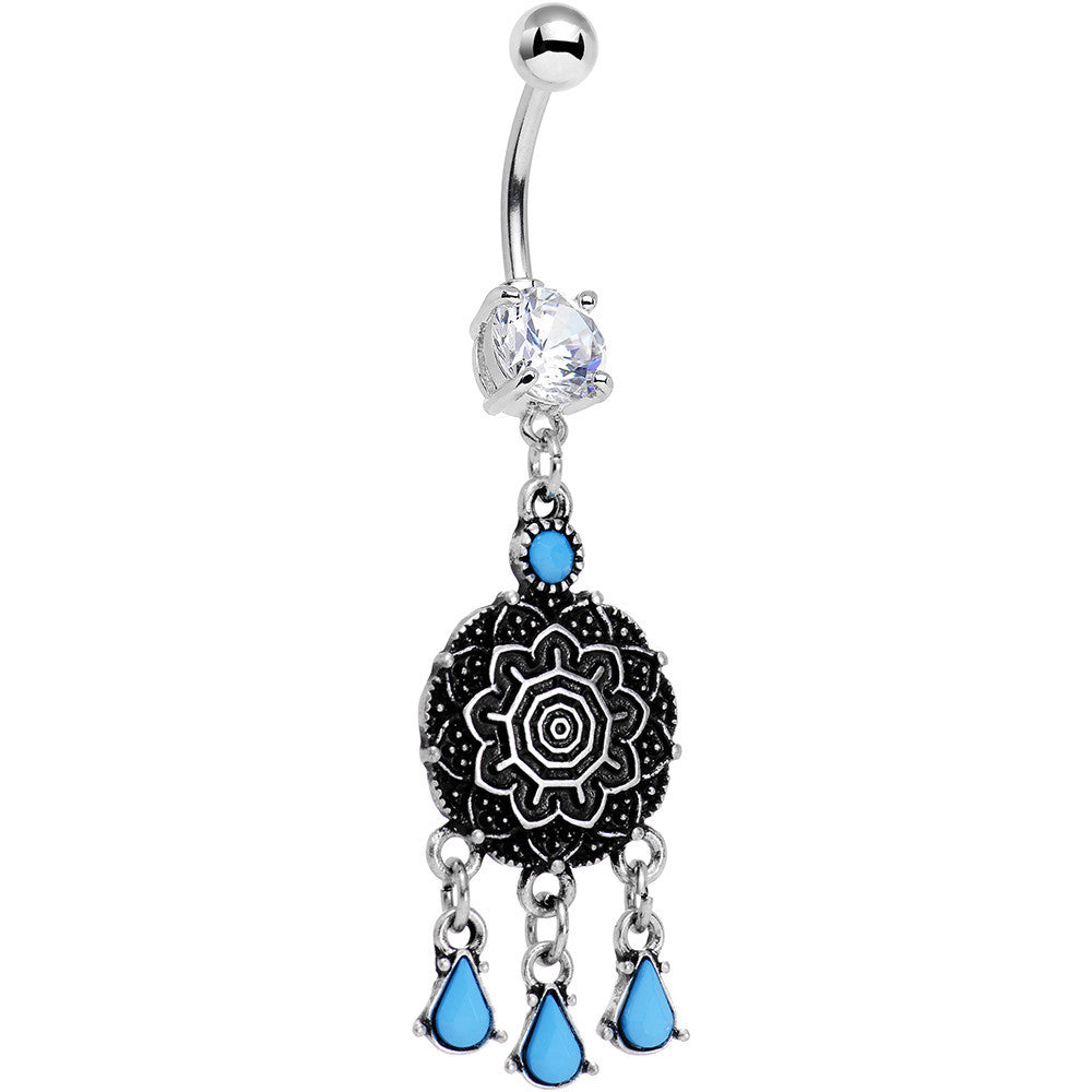Clear Gem and Faux Turquoise Leafy Lotus Flower Disk Dangle Belly Ring