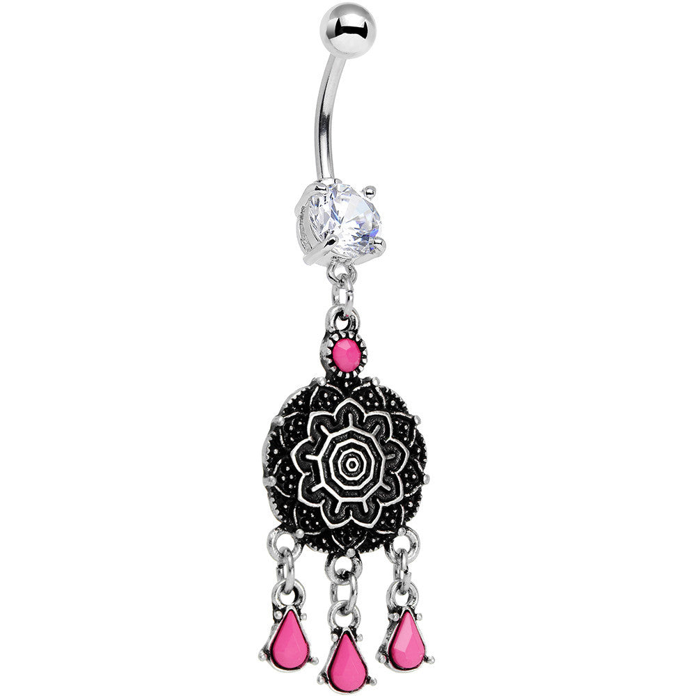 Clear Gem and Pink Faux Turquoise Leafy Lotus Flower Disk Dangle Belly Ring