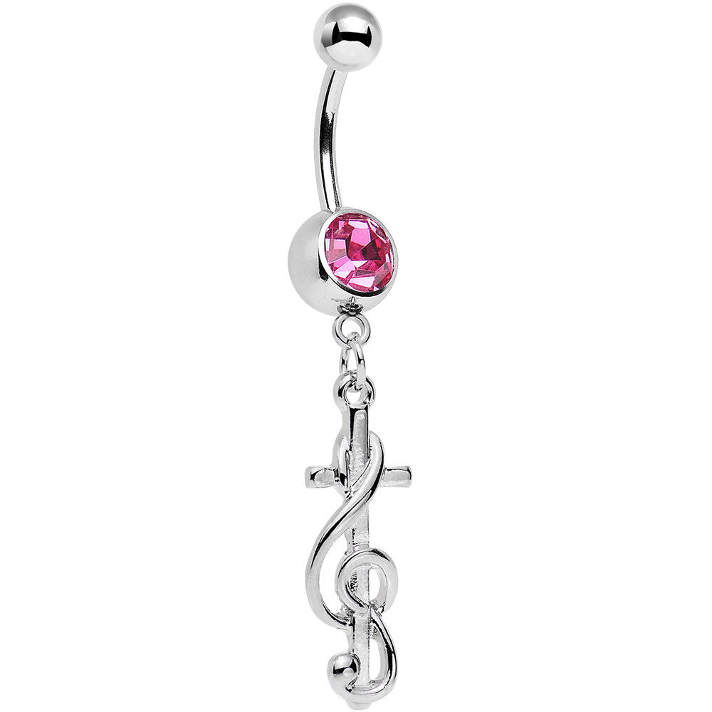 Pink Gem Treble Clef Make Music Note and Cross Dangle Belly Ring