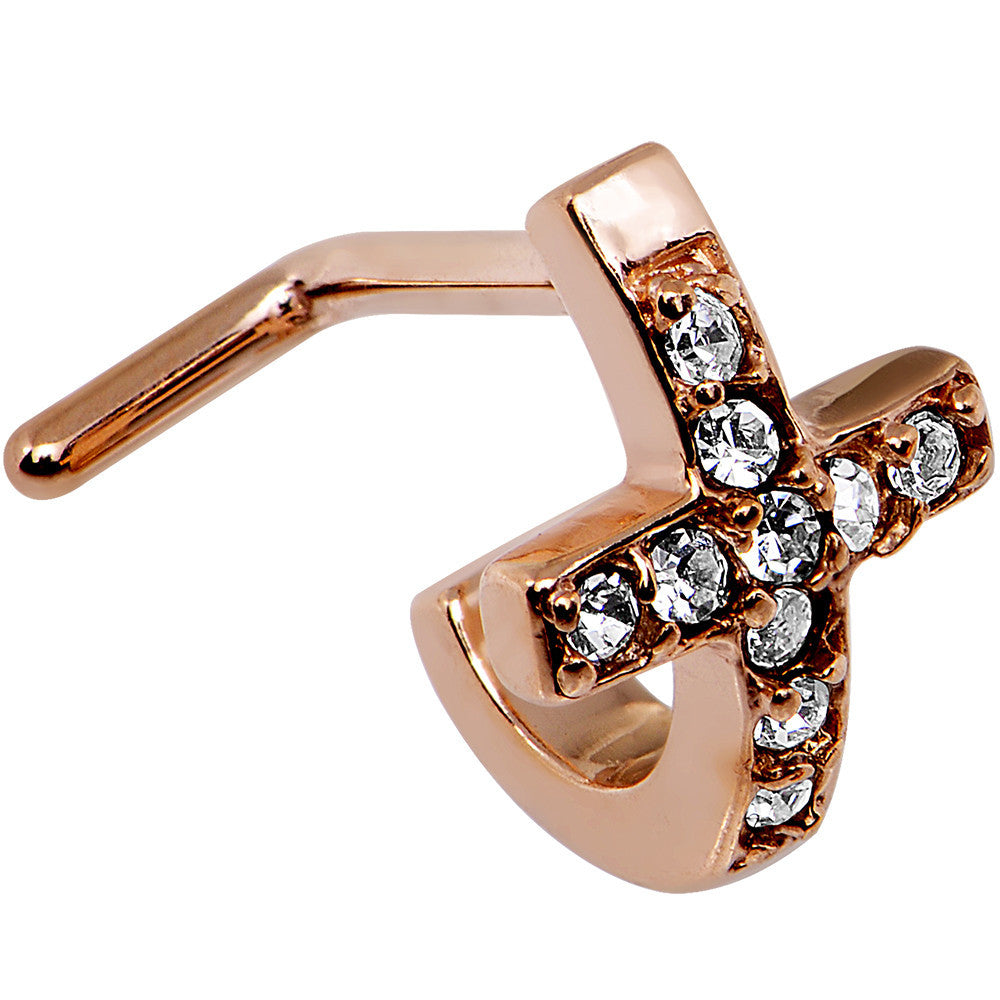 18 Gauge Clear Rose Gold PVD Cross Faux Hoop L Shaped Nose Ring