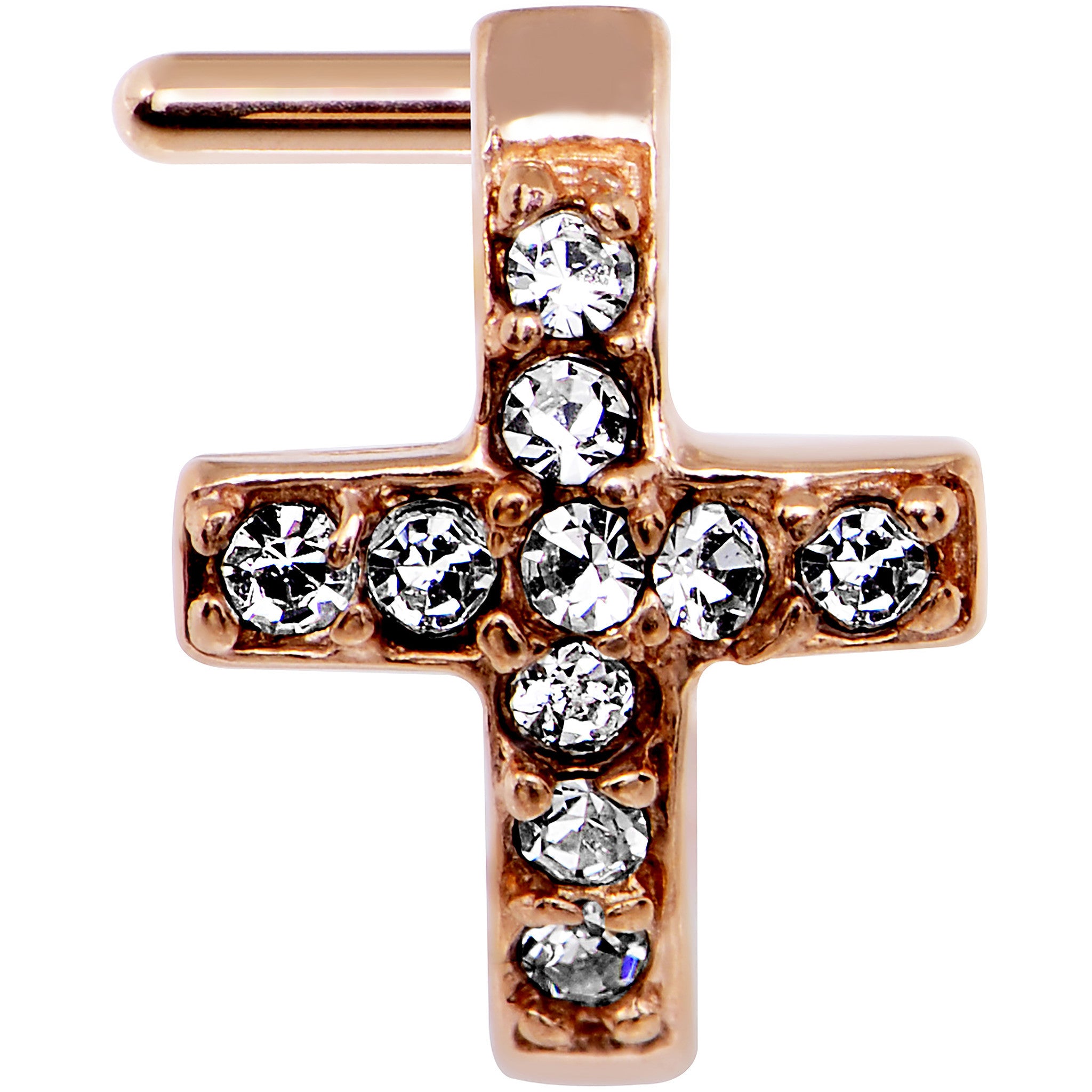 18 Gauge Clear Rose Gold PVD Cross Faux Hoop L Shaped Nose Ring