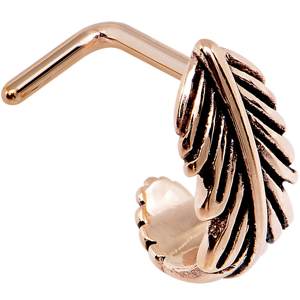 18 Gauge 5/16" Rose Gold PVD Feather Faux Hoop L Shaped Nose Ring