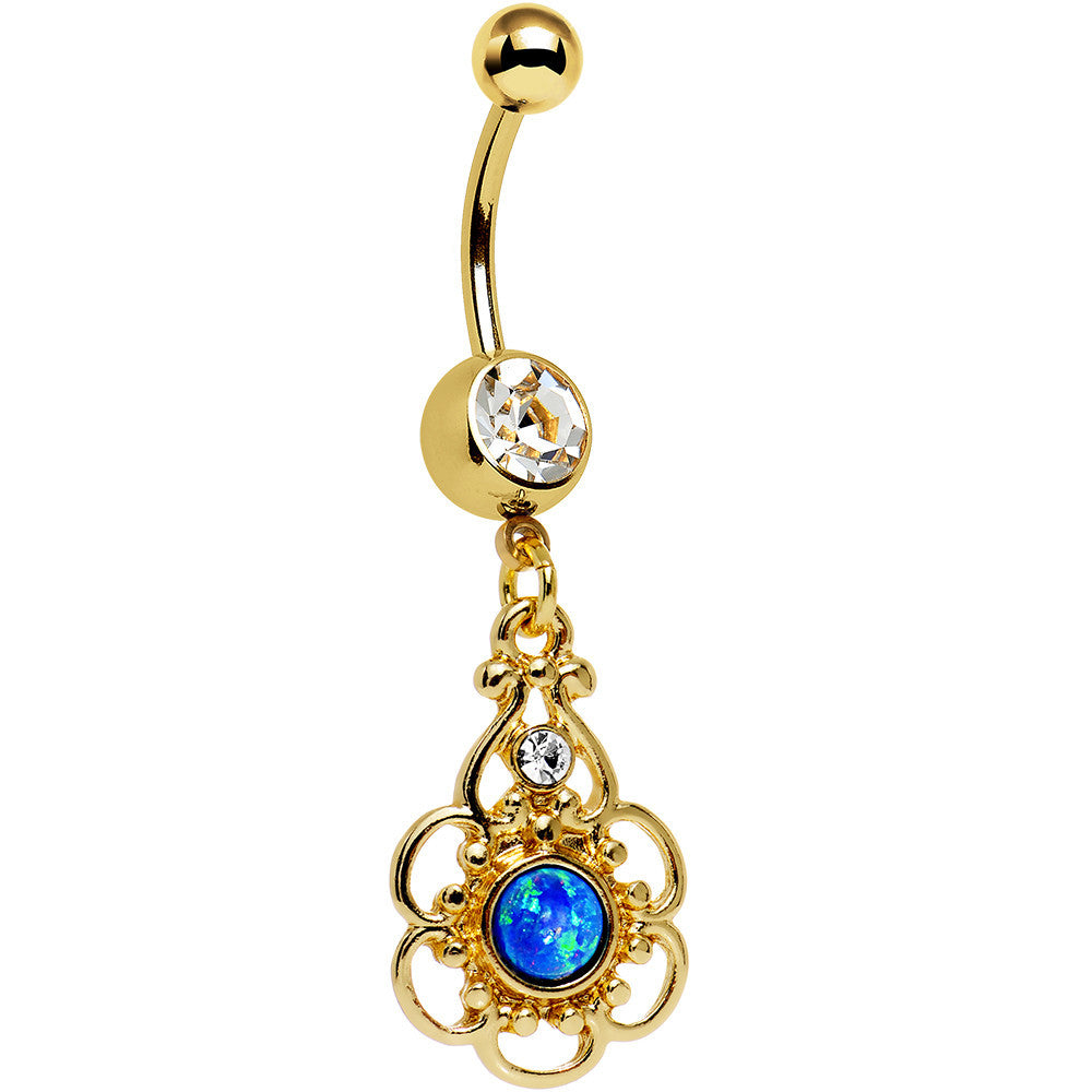 Clear Gem Blue Faux Opal Gold Anodized Flower Dangle Belly Ring