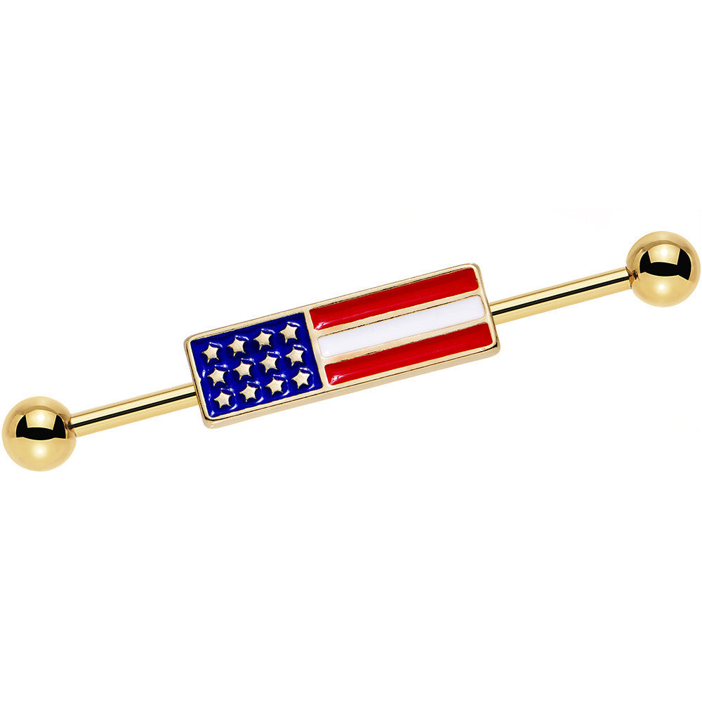 Clear Gem Gold PVD USA All Day American Flag Industrial Barbell 38mm