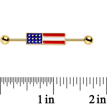 Clear Gem Gold PVD USA All Day American Flag Industrial Barbell 38mm