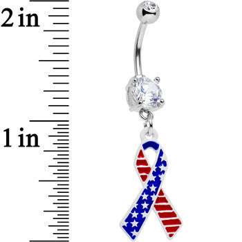 Clear Gem Red White and Blue Patriotic USA Ribbon Dangle Belly Ring