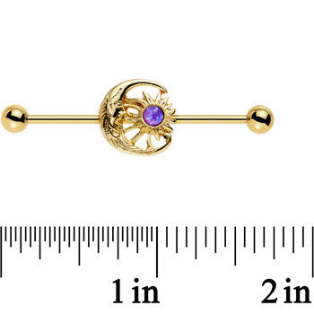 Purple Faux Opal Gold Anodized Moon and Sun Industrial Barbell 38mm