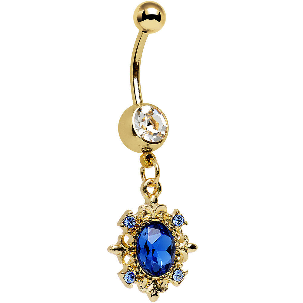Clear Blue Gem Gold Anodized Royal Coronation Dangle Belly Ring