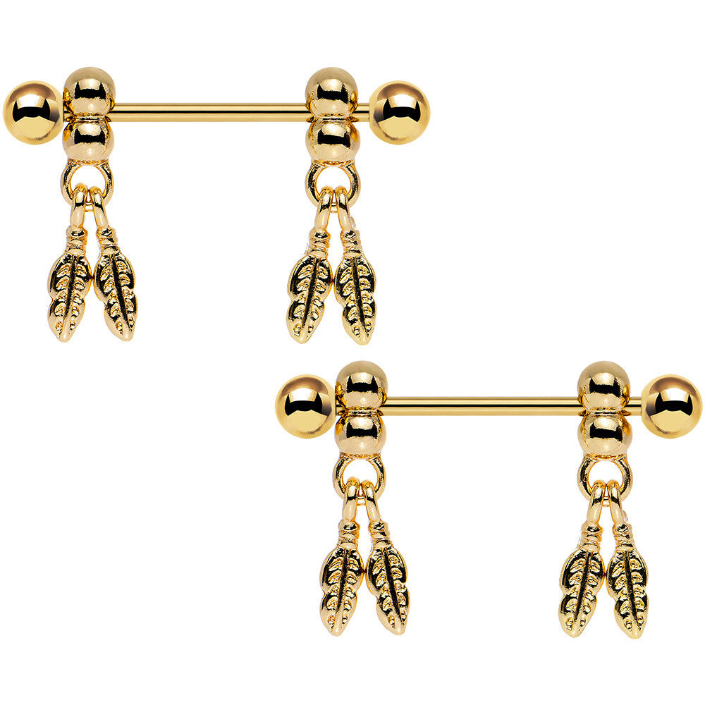 14 Gauge Gold Anodized Fair Weather Feather Dangle Nipple Ring Set
