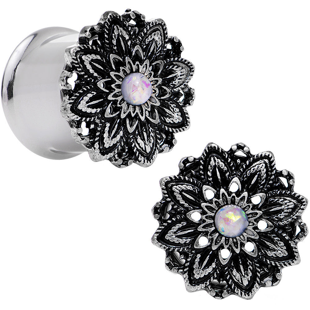 1/2 White Synthetic Opal Steel Flower Frame Double Flare Plug Set
