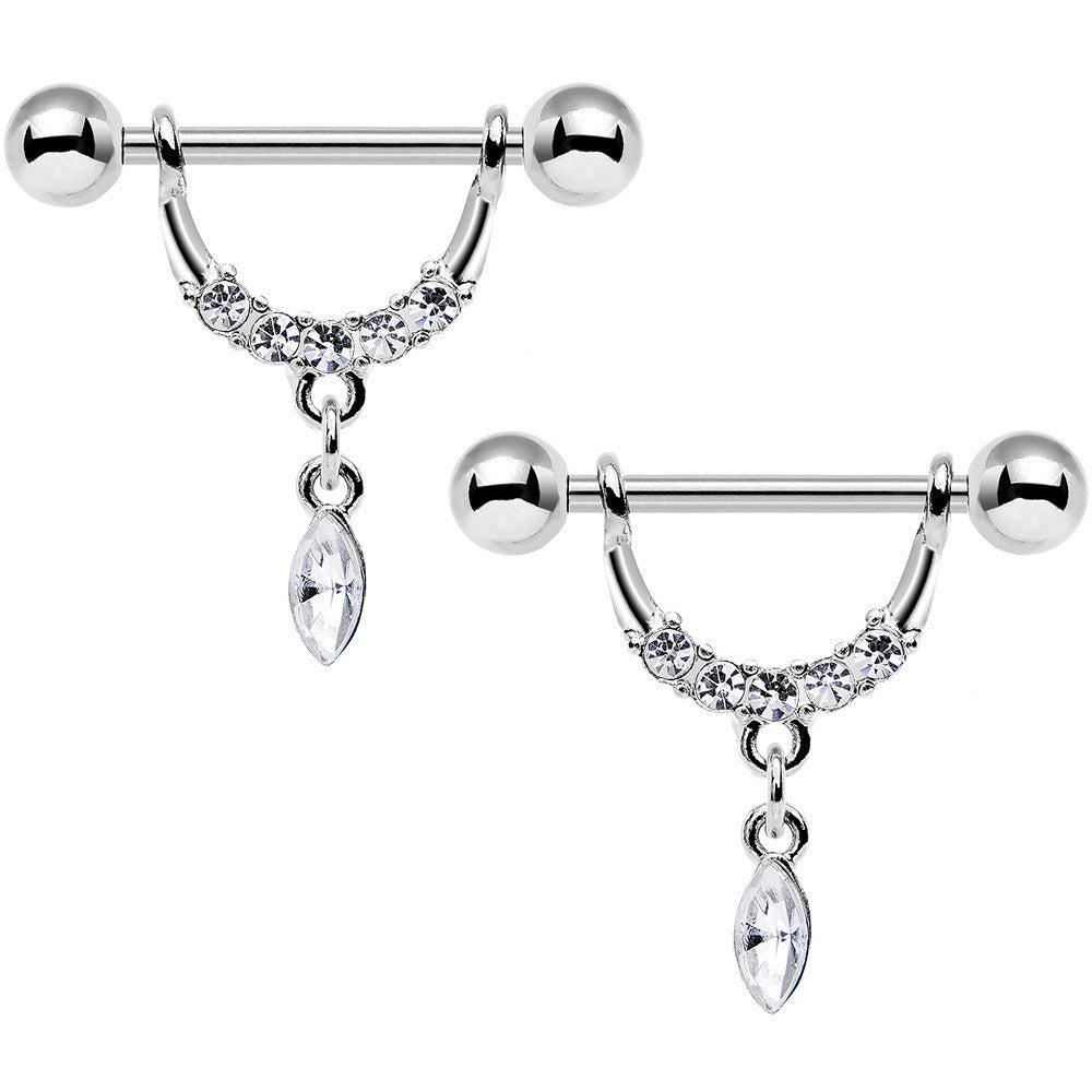 14 Gauge 3/4 Clear Gem Steel Drip Drop Dangle Nipple Ring Set