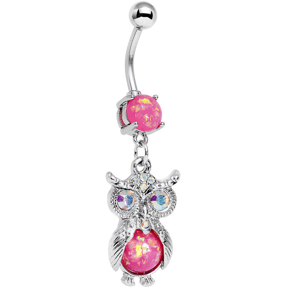 Pink Faux Opal Clear Gem No Ordinary Owl Dangle Belly Ring