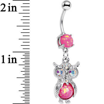Pink Faux Opal Clear Gem No Ordinary Owl Dangle Belly Ring